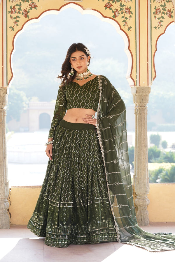 Moss Green Faux Georgette Lehenga Choli with Sequins & Thread Embroidery Dupatta