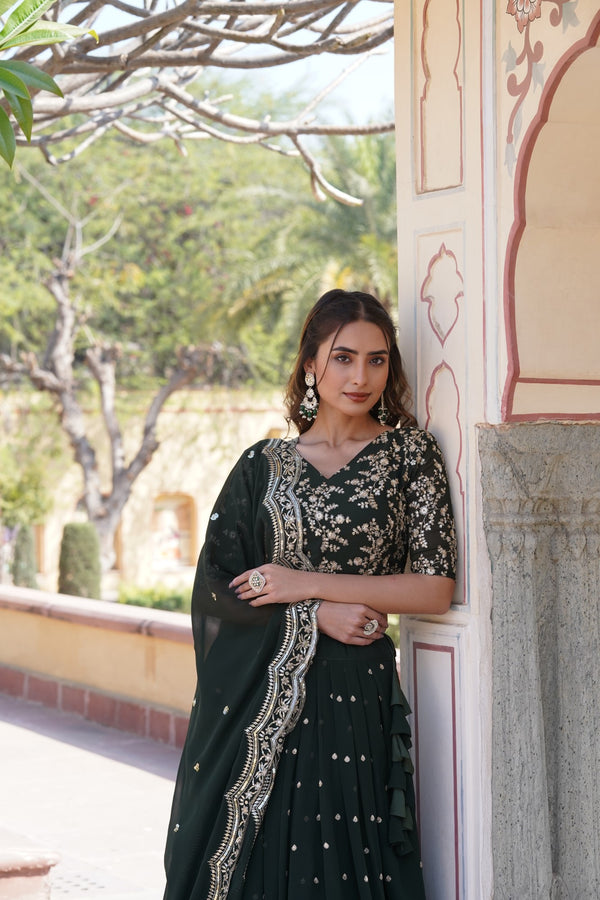 Green Faux Blooming Georgette Lehenga Choli with Heavy Sequins Embroidery Dupatta