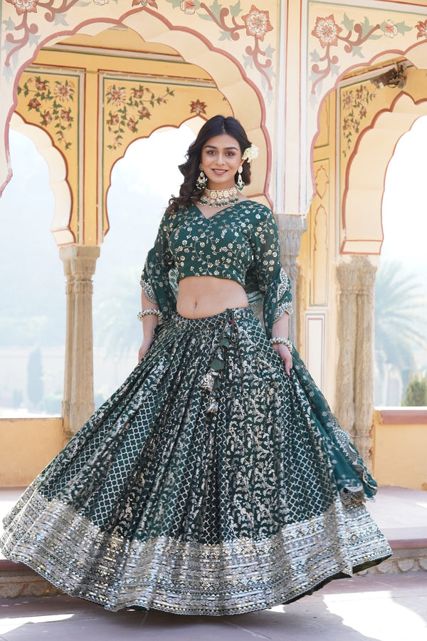 Teal Designer Viscose Jacquard Lehenga Choliwith Sequins Embroidery Dupatta