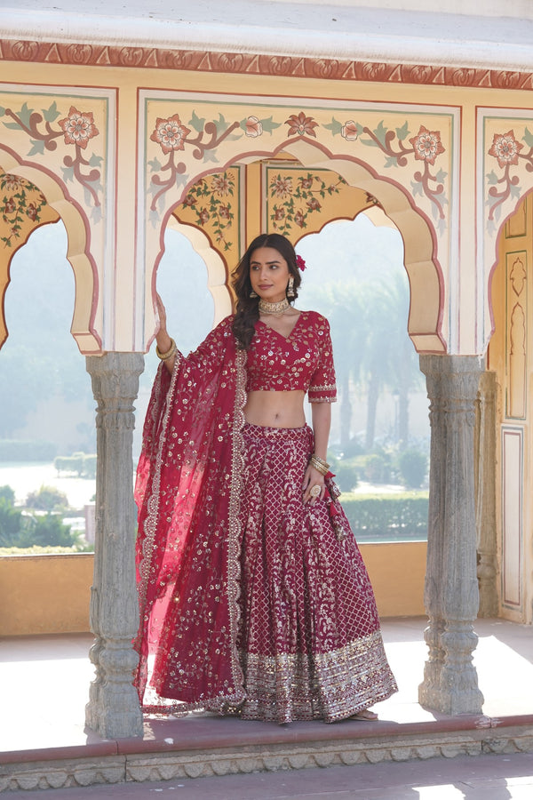 Rose Pink Designer Pure Viscose Jacquard Lehenga Choli with Sequins Embroidery Dupatta