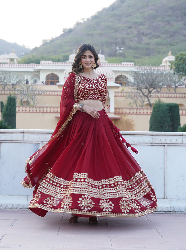 Maroon Gorgeous Georgette Flared Lehenga with Sequins Embroidered Work