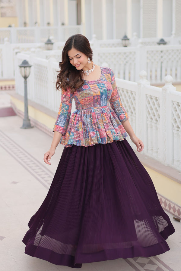 Flower Digital Print With Sequins Embroidered Blouse and Plain Crushed Co-Ord Set Lehenga