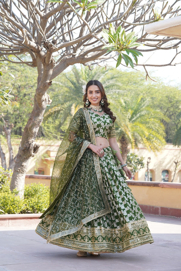 Moss Green Designer Viscose Jacquard Lehenga Choli With Sequins Embroidery Dupatta
