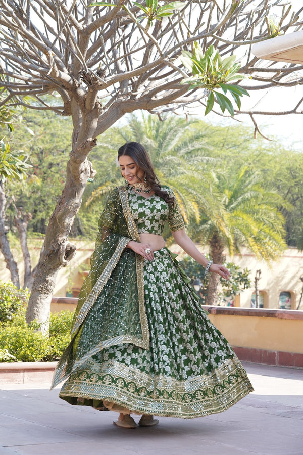 Moss Green Designer Viscose Jacquard Lehenga Choli With Sequins Embroidery Dupatta