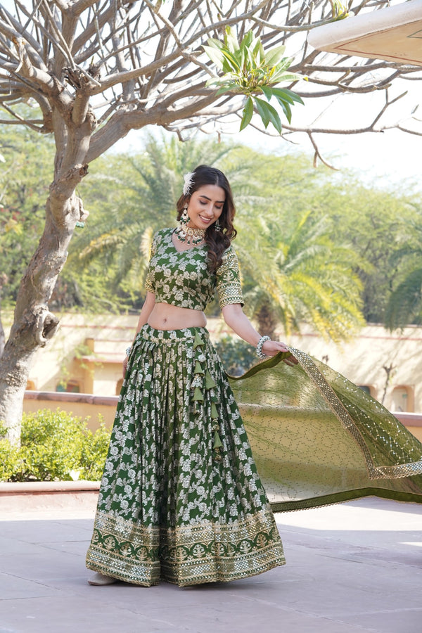 Moss Green Designer Viscose Jacquard Lehenga Choli With Sequins Embroidery Dupatta