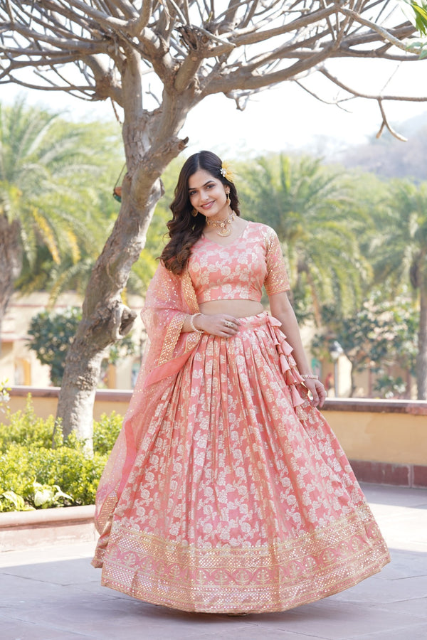 Peach Designer Viscose Jacquard Lehenga Choli with Sequins Embroidery Dupatta