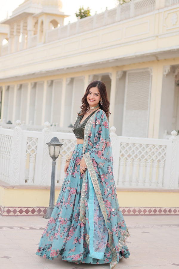 Turquoise Digital Printed Silk Lehenga Choli with Moss Green Sequins Embroidered Blouse and Dupatta