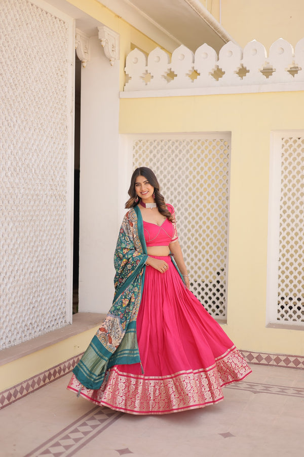 Pink Viscose Jacquard Lehenga Choli with Gajji Silk Dupatta