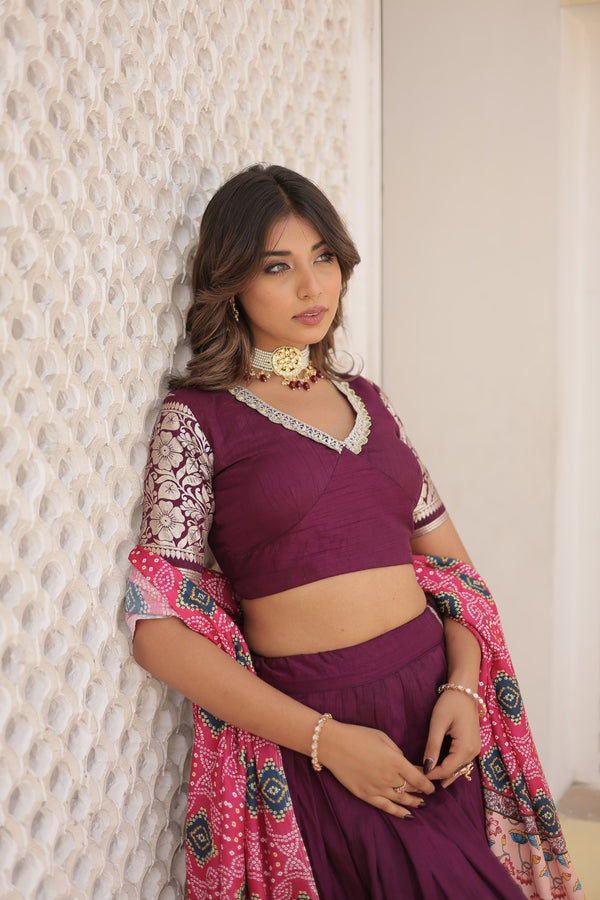Wine Viscose Jacquard Lehenga Choli with Gajji Silk Dupatta