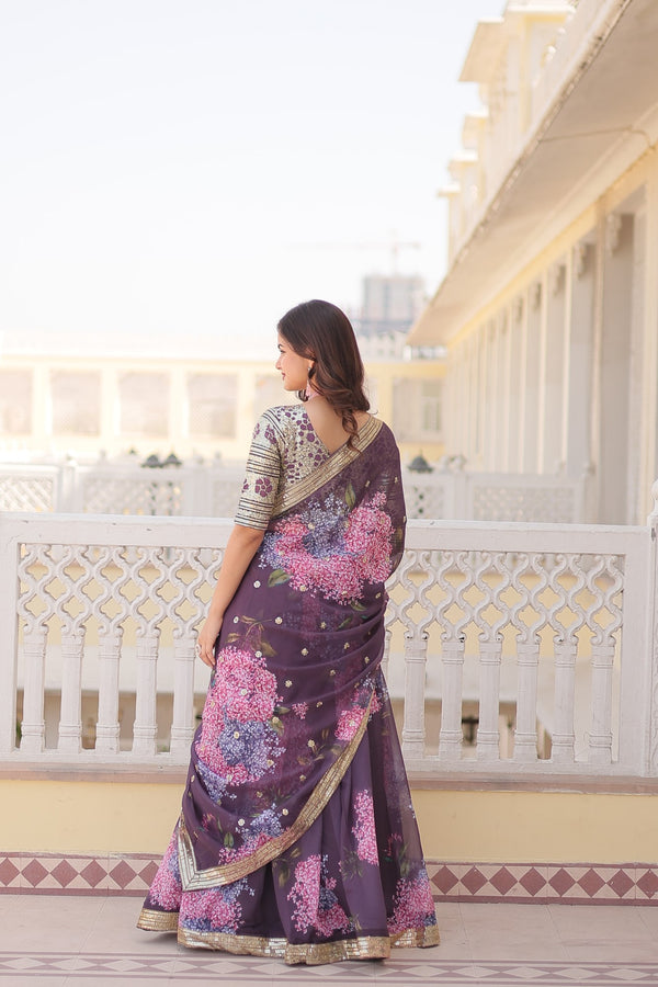 Wine Digital Printed Silk Lehenga with Sequins Embroidered Blouse and Designer Dupatta