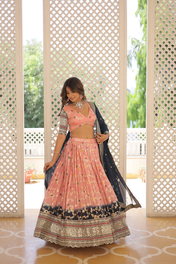 Designer Peach Dyeable Pure Viscose Jacquard Lehenga Choli with Black Dupatta
