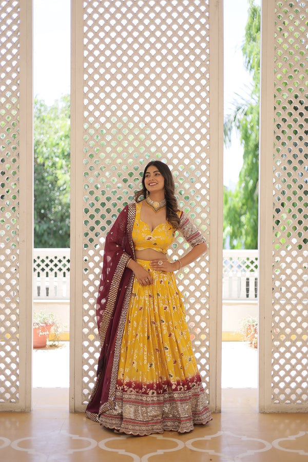 Designer Yellow Dyeable Pure Viscose Jacquard Lehenga Choli with Maroon Dupatta