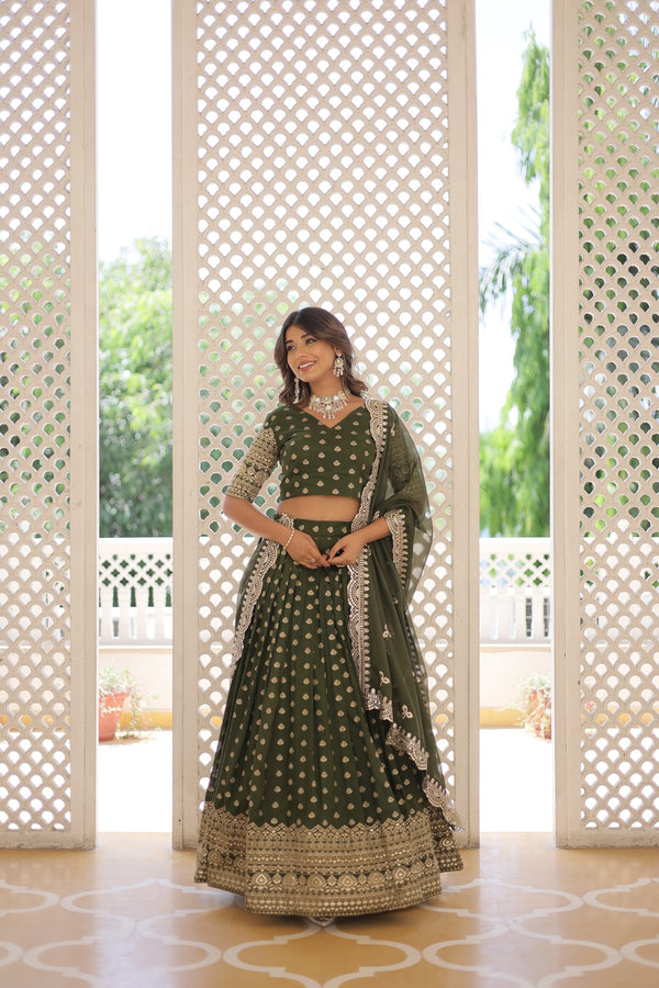 Moss Green Dyable Viscose Jacquard Lehenga in Sequins and Cut Work
