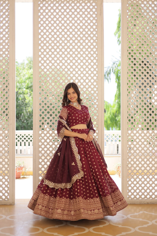 Wine Dyable Viscose Jacquard Lehenga with Sequinsand ut Work Dupatta