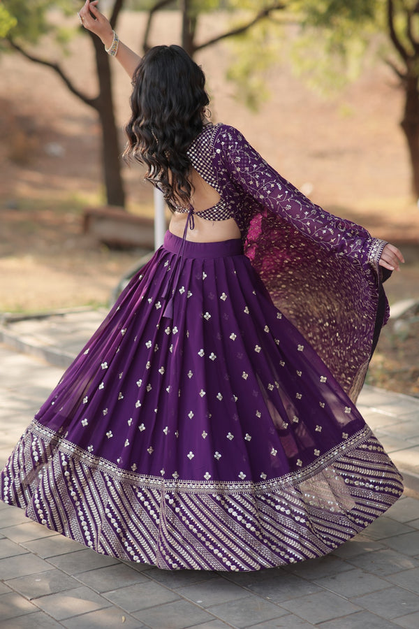 Dark Purple Faux Blooming Lehenga with Heavy Sequins & Embroidery with Blouse and Dupatta