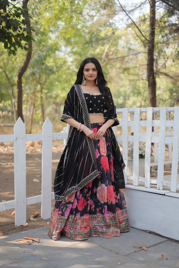 Faux Georgette Lehenga In Multi Flower Print Sequins