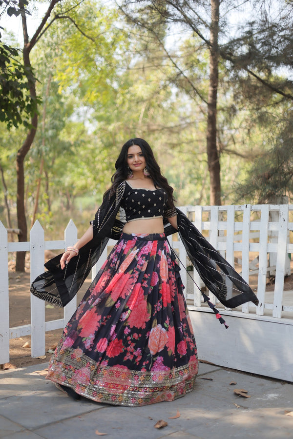 Faux Georgette Lehenga In Multi Flower Print Sequins