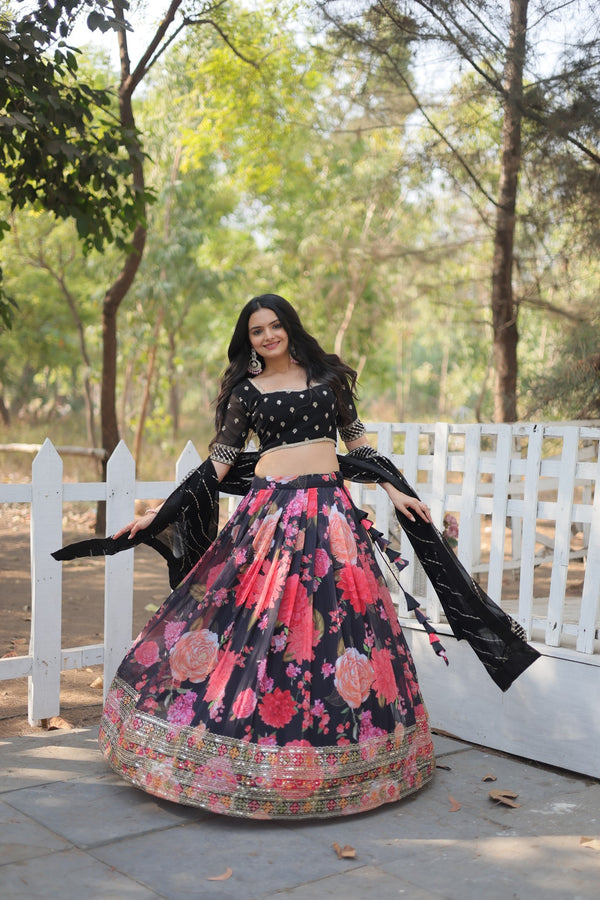 Faux Georgette Lehenga In Multi Flower Print Sequins