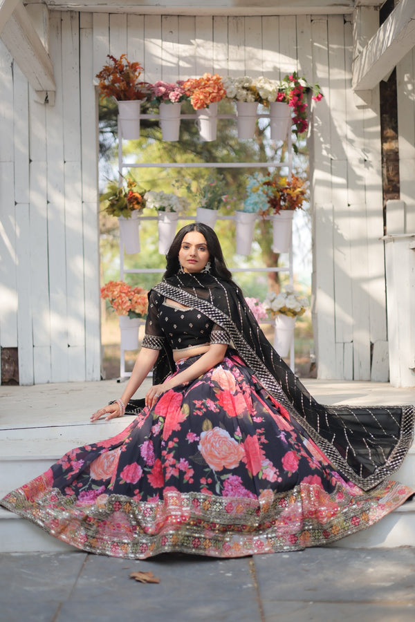 Faux Georgette Lehenga In Multi Flower Print Sequins