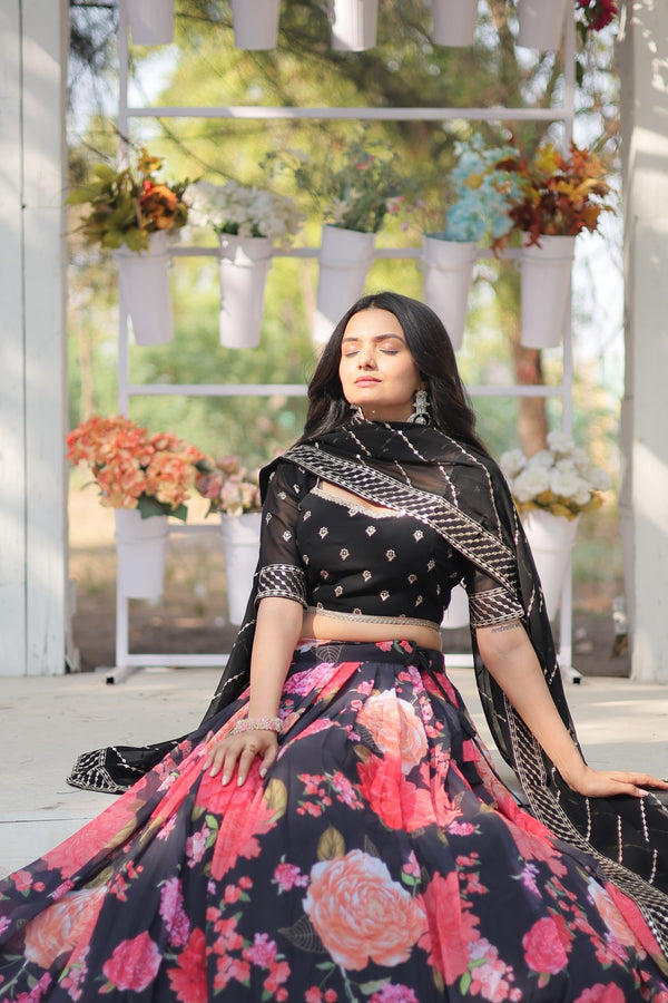 Faux Georgette Lehenga In Multi Flower Print Sequins