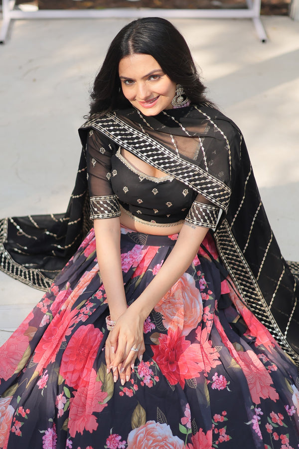 Faux Georgette Lehenga In Multi Flower Print Sequins