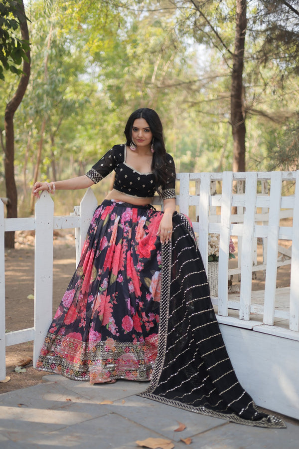 Faux Georgette Lehenga In Multi Flower Print Sequins