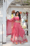 Pink South Indian Style Lehenga Choli Set with Golden Sequins & Thread Embroidery