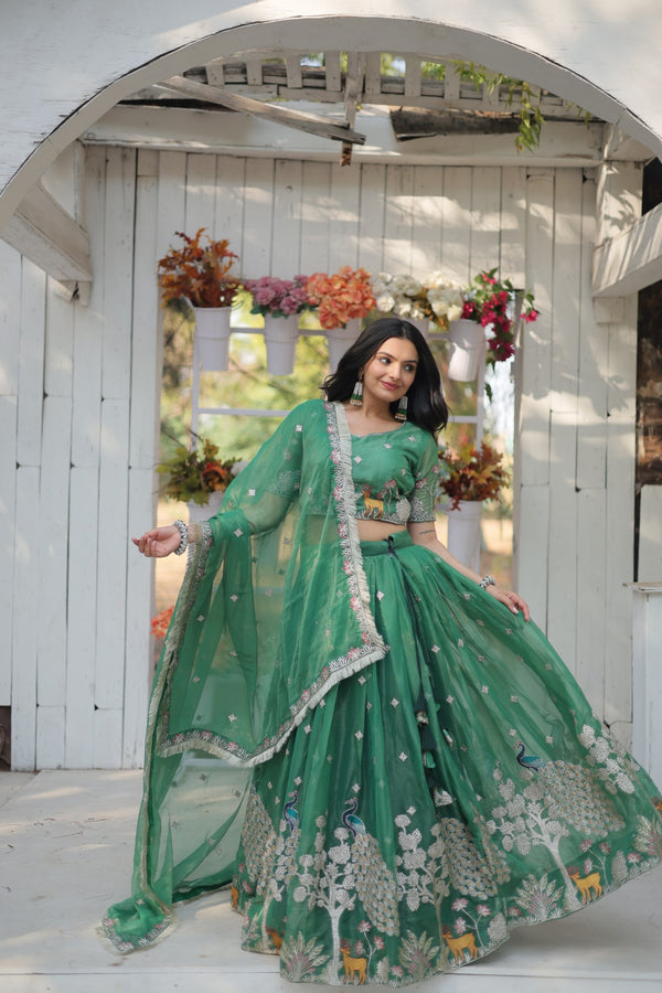 Green South Indian Style Lehenga Choli Set with Golden Sequins & Thread Embroidery