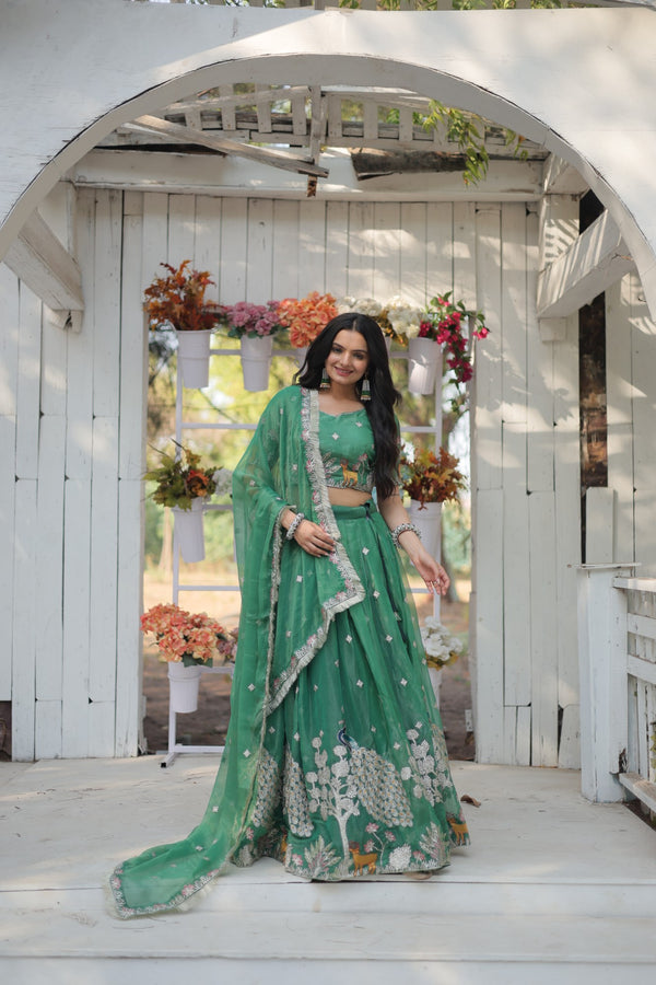 Green South Indian Style Lehenga Choli Set with Golden Sequins & Thread Embroidery