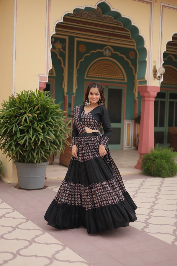 Navratri Special Black Rayon Stitched Lehenga withPrinted Blouse and Dupatta