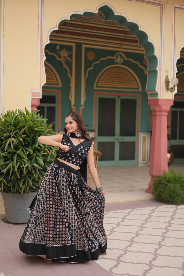 Black Rayon Printed Navratri Special Lehenga Choli Set with Gota Patti Lace