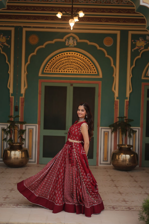 Navratri Special Maroon Rayon Printed Navratri Special Lehenga Choli