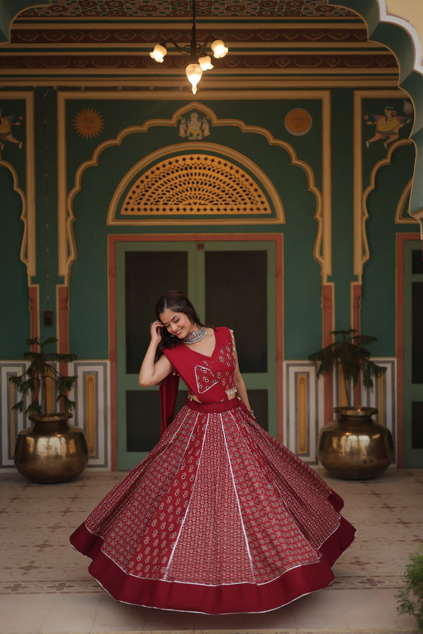 Navratri Special Maroon Rayon Printed Navratri Special Lehenga Choli