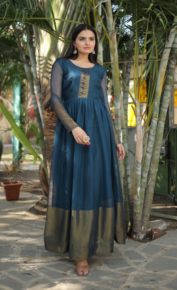 Premium Chiffon Designer Gown with Golden Zari Patta Weaving Elegant & Timeless