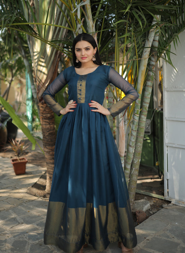 Premium Chiffon Designer Gown with Golden Zari Patta Weaving Elegant & Timeless