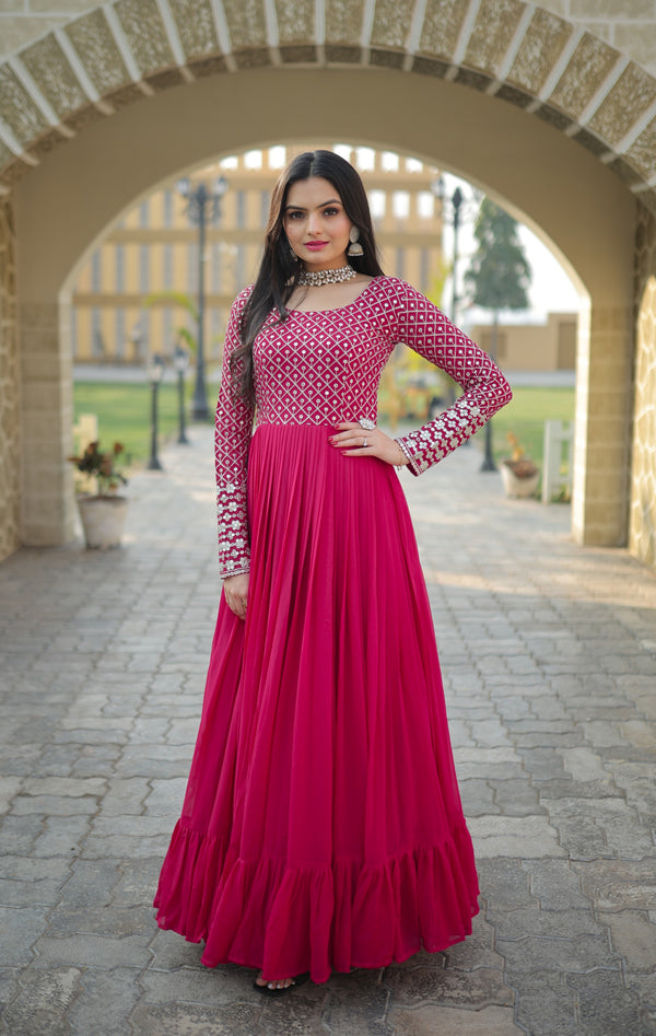 Exquisite Blooming Sequins & Zari Embroidered Designer Gown Fusion of Western & Indian Elegance