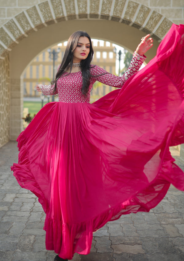 Exquisite Blooming Sequins & Zari Embroidered Designer Gown Fusion of Western & Indian Elegance