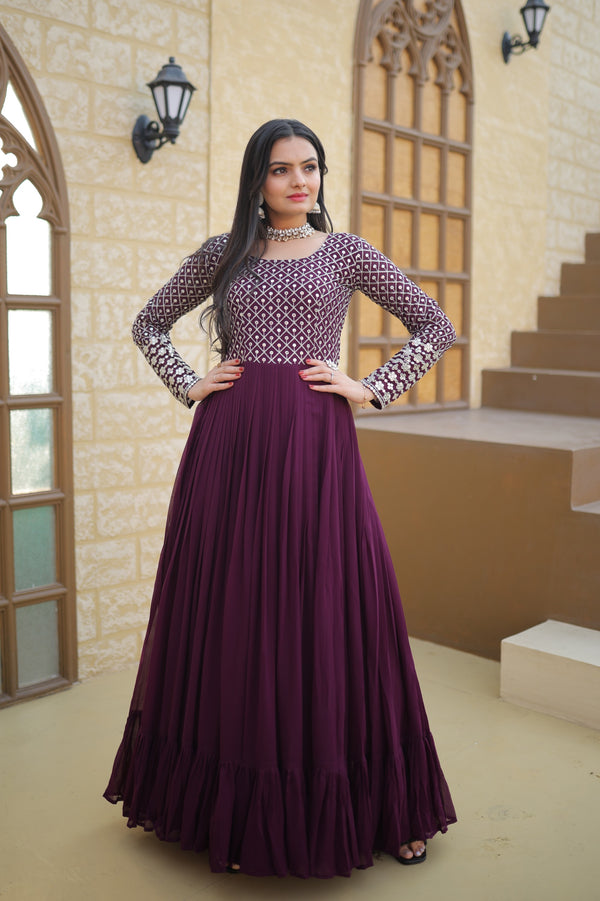 Exquisite Blooming Sequins & Zari Embroidered Designer Gown Fusion of Western & Indian Elegance