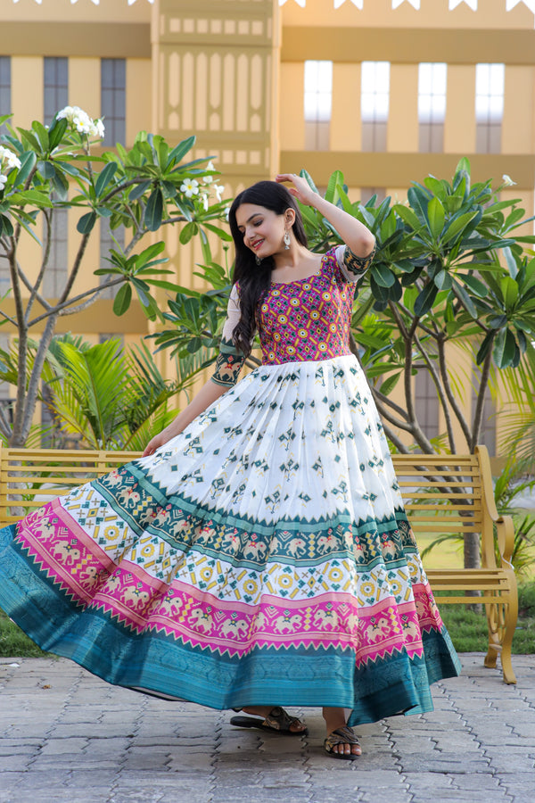Premium Patola Silk Designer Gown with Jacquard Weaving & Print Elegant & Timeless