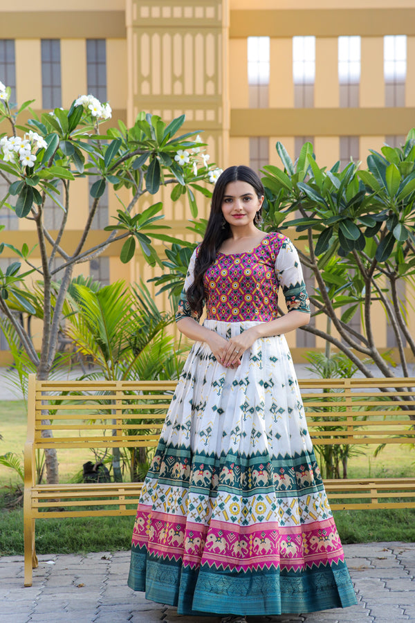 Premium Patola Silk Designer Gown with Jacquard Weaving & Print Elegant & Timeless