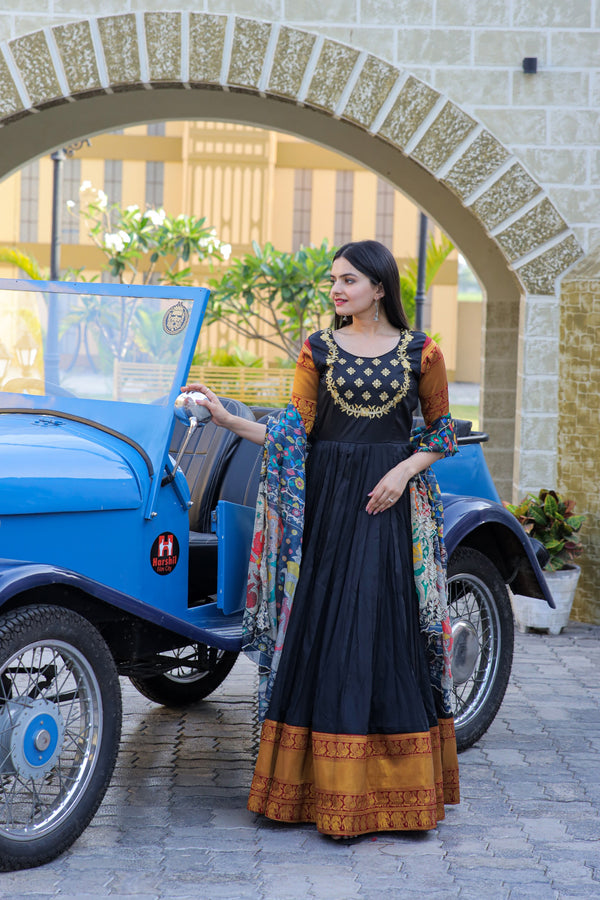 Premium Silk Designer Gown with Dupatta – Jacquard Weaving & Embroidery Work