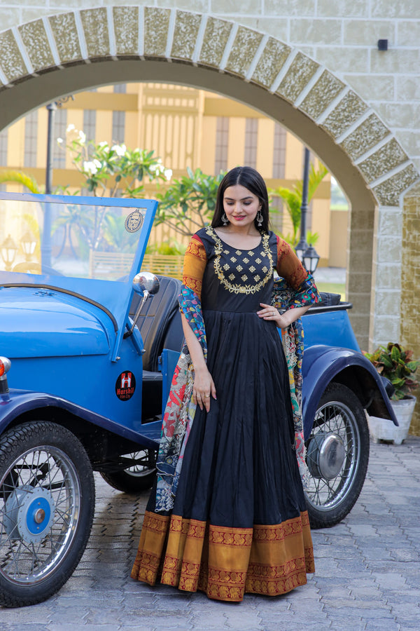 Premium Silk Designer Gown with Dupatta – Jacquard Weaving & Embroidery Work