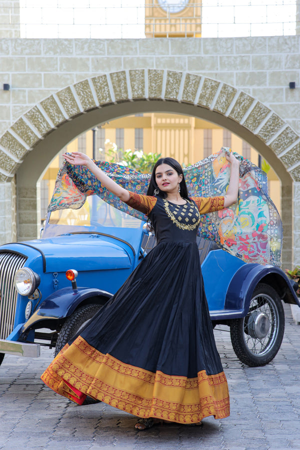 Premium Silk Designer Gown with Dupatta – Jacquard Weaving & Embroidery Work
