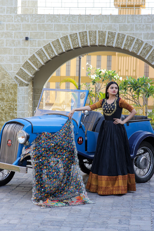 Premium Silk Designer Gown with Dupatta – Jacquard Weaving & Embroidery Work