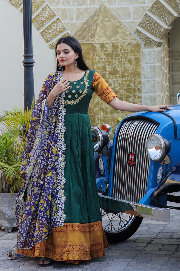 Premium Silk Designer Gown with Dupatta – Jacquard Weaving & Embroidery Work