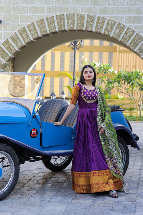 Premium Silk Designer Gown with Dupatta – Jacquard Weaving & Embroidery Work