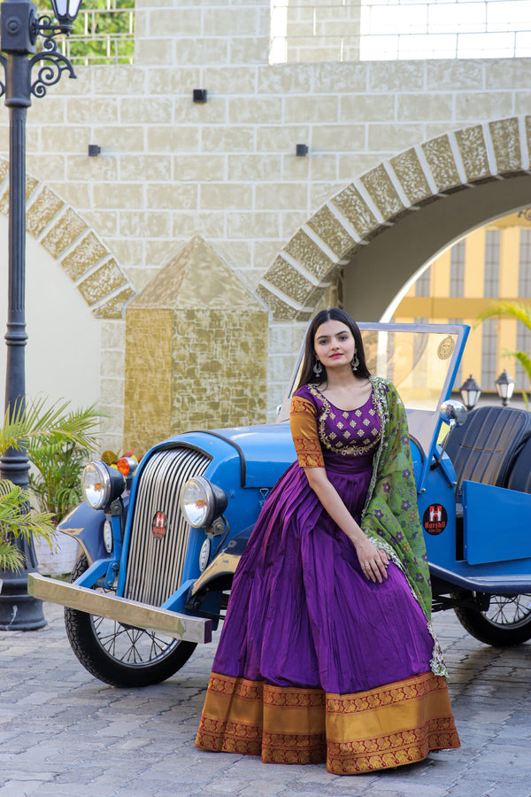 Premium Silk Designer Gown with Dupatta – Jacquard Weaving & Embroidery Work