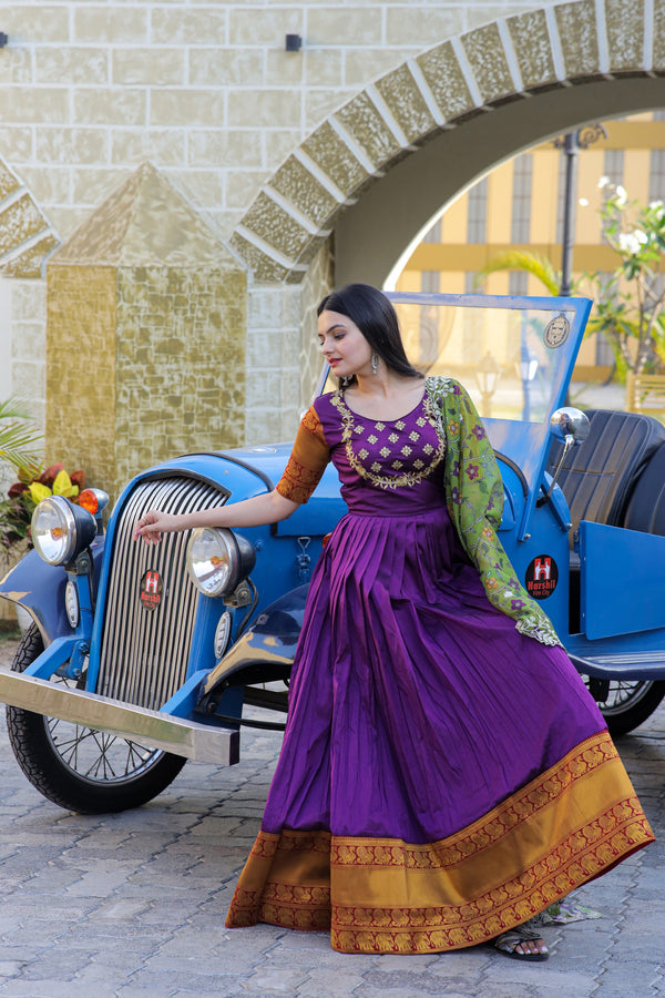 Premium Silk Designer Gown with Dupatta – Jacquard Weaving & Embroidery Work