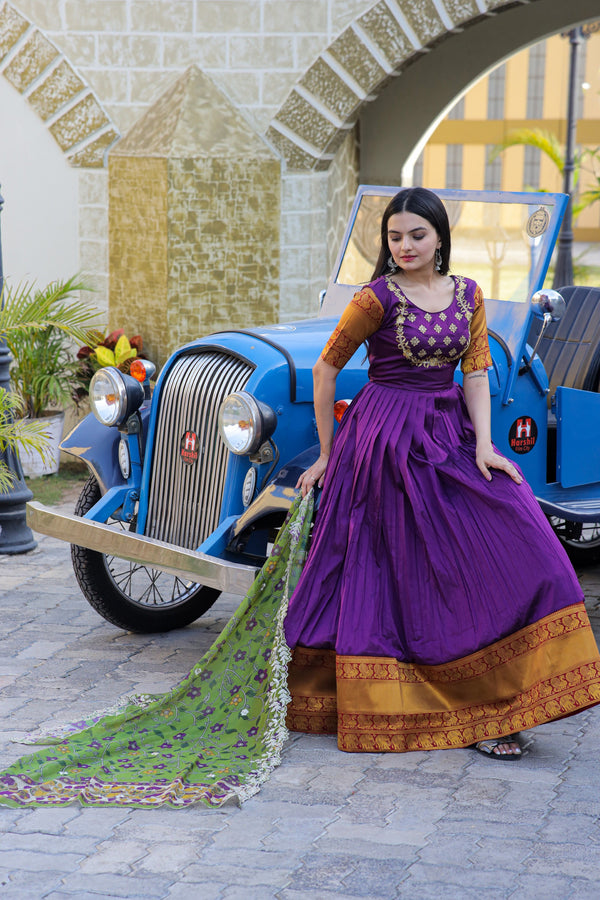 Premium Silk Designer Gown with Dupatta – Jacquard Weaving & Embroidery Work