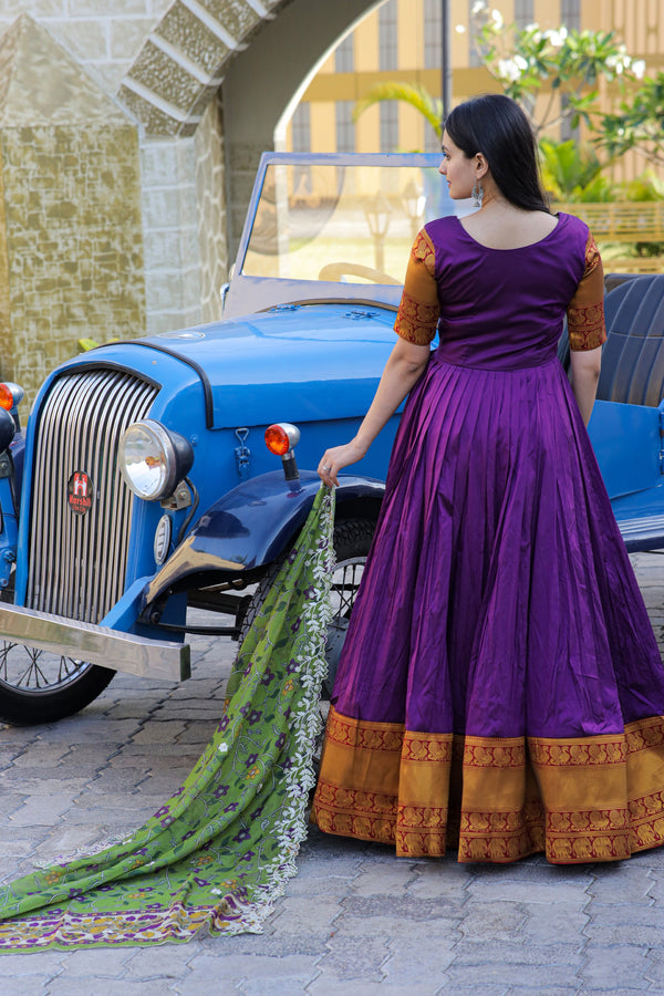 Premium Silk Designer Gown with Dupatta – Jacquard Weaving & Embroidery Work